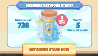 Jar of stars saying "members get more stars" get bonus stars now by becoming a member, worth 5 wizarding levels