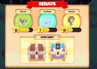 Results page on Prodigy with scores and two treasure chests