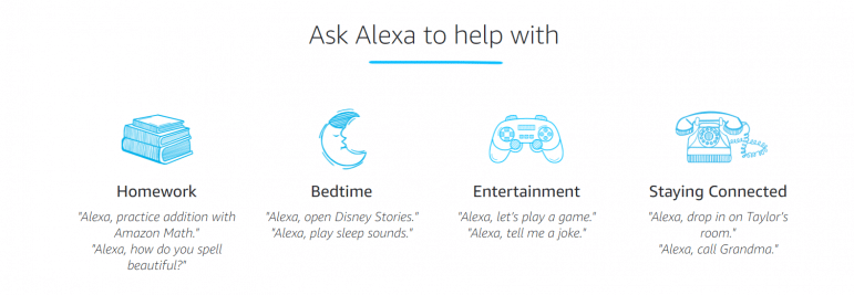 Screen shot of amazon's offerings for Alexa, including help with bedtime, hoemwork, entertainment, and staying connected