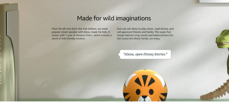 Tiger designed amazon echo with "Made for wild imaginations" above
